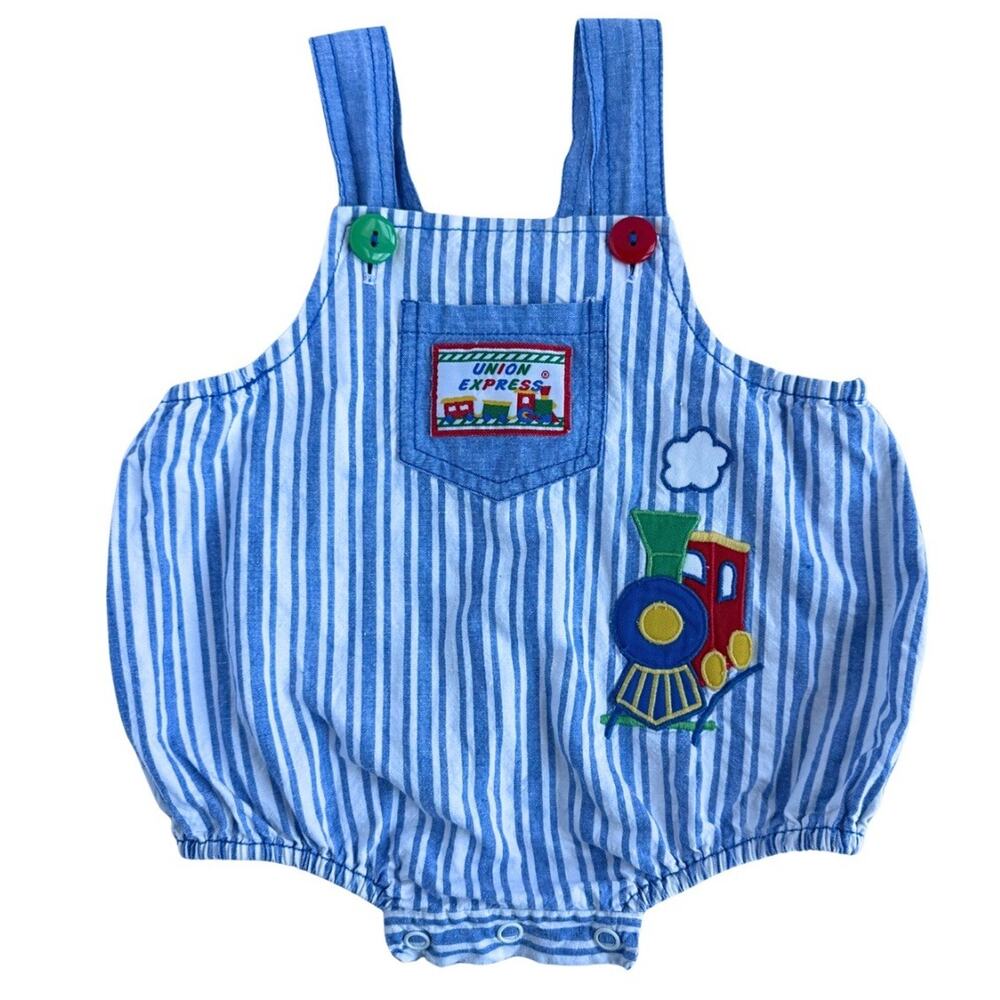 Vintage Baby Train Romper Blue Railroad Stripe Overalls 6-9M